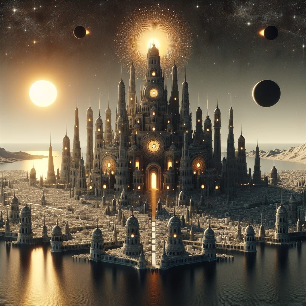 Hyperrealistic Carcosa with Twin Suns and Black Stars