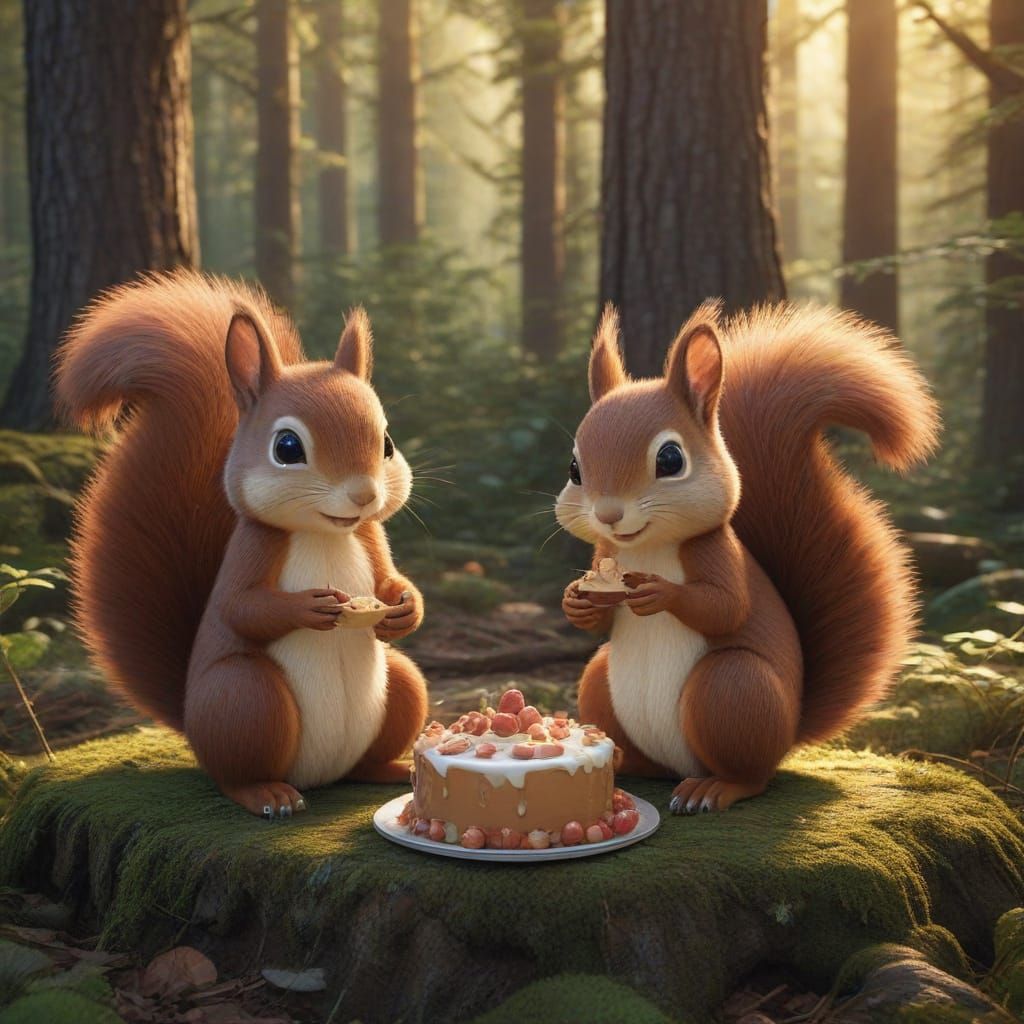 Whimsical Squirrel Couple Delights in Scandinavian Sunrise