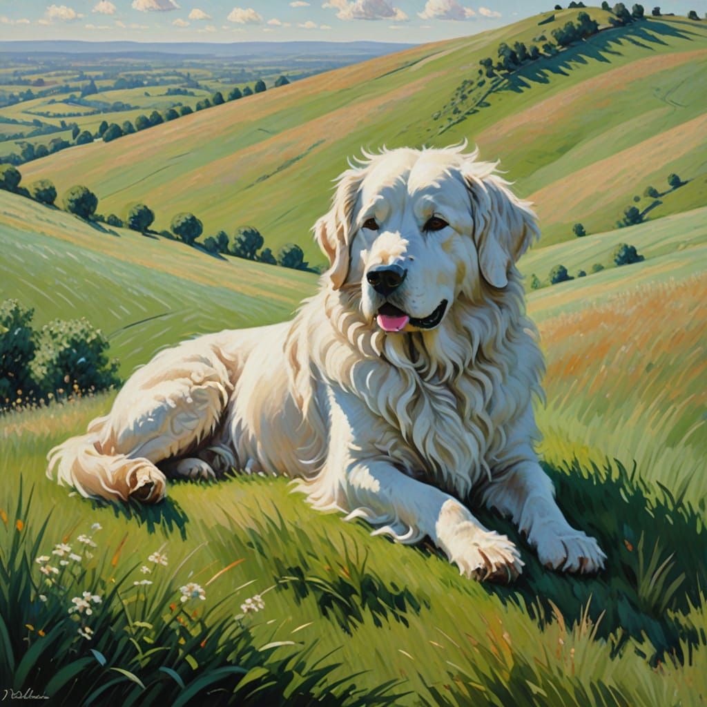 Giant Fluffy Dog as Landscape in Impressionist Style