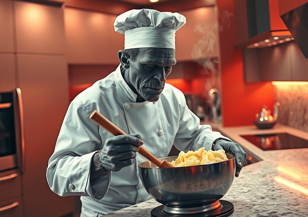 Frankenstein's Monster Chef: Hyperrealistic Kitchen Scene