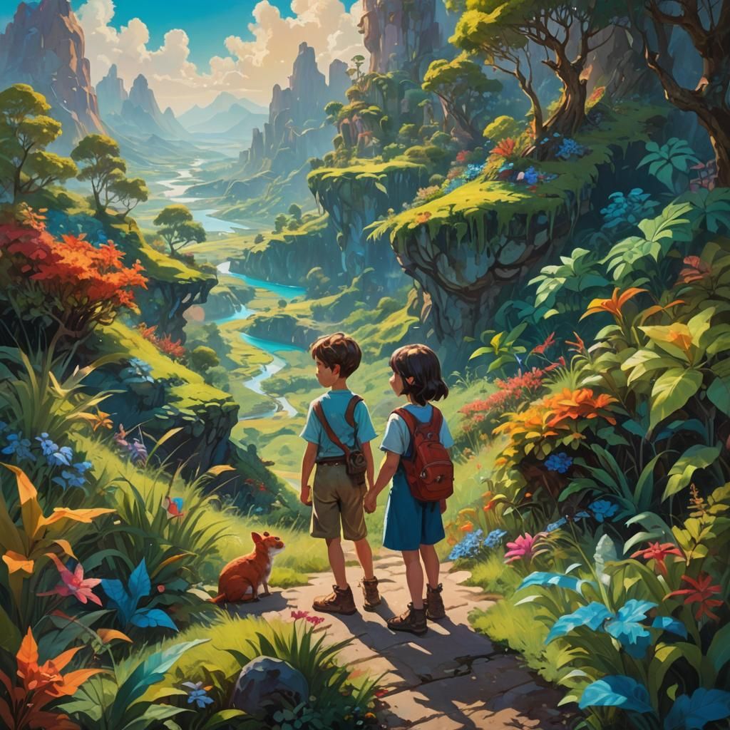 Fantasy Landscape with Children in Oil Painting Style