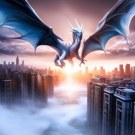 White Dragon Over City in Fantasy Concept Art