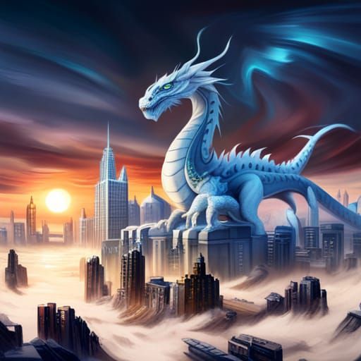 White Dragon Over Metropolis: Fantasy Concept Art