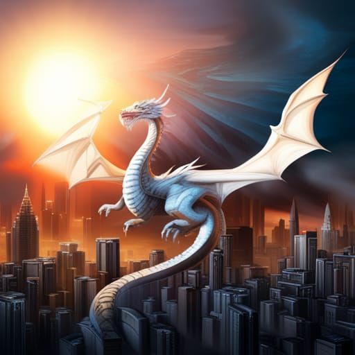 White Dragon Over City: Fantasy Concept Art