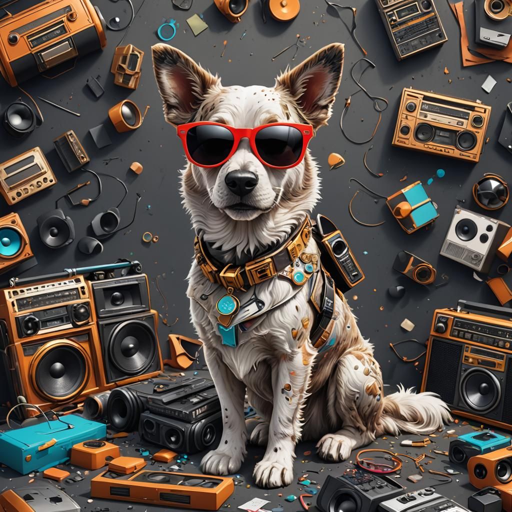 Dog with Sunglasses and Boombox: Clip Art Style