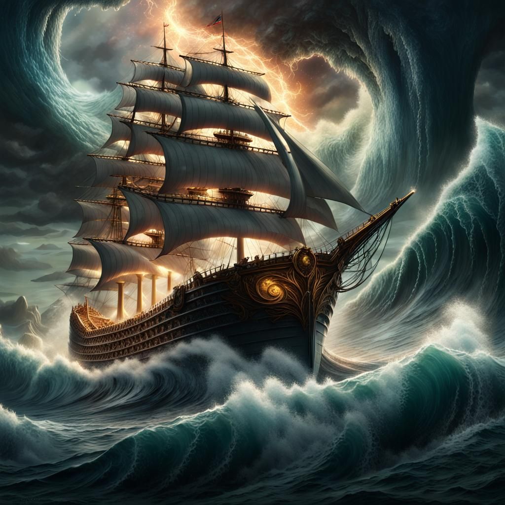Majestic Ship Battles Storm with Divine Energy