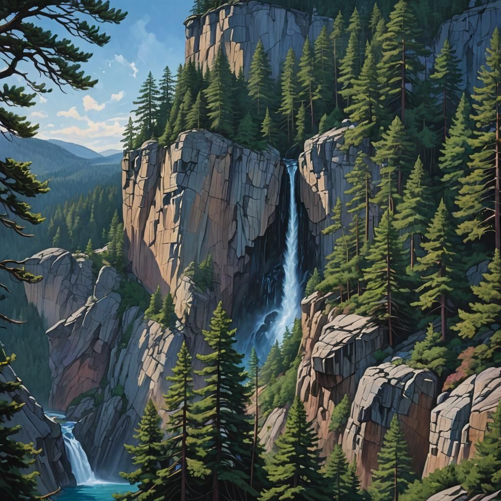 Majestic Waterfall Scene with Blue Sky