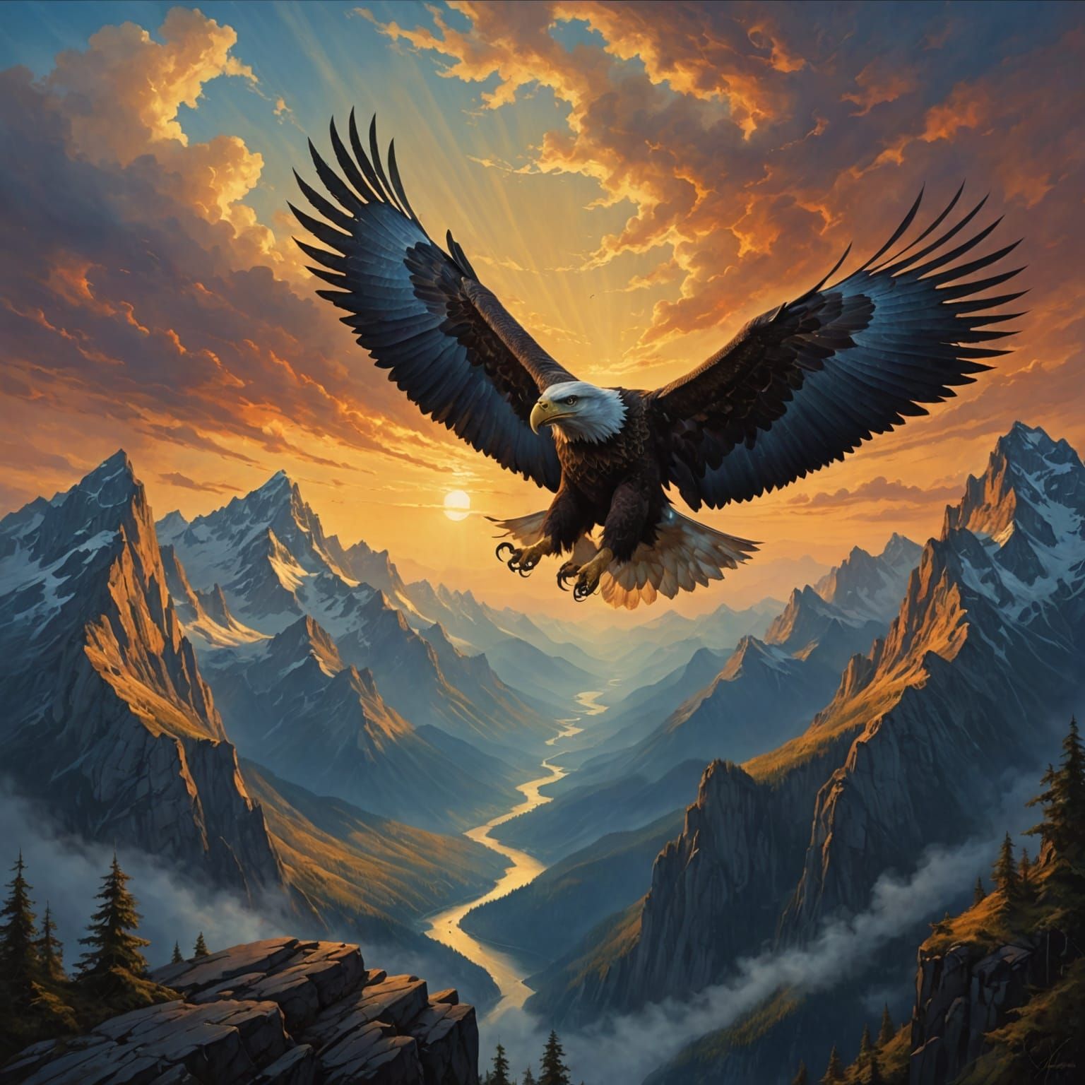 Eagle Soaring Over Twilight Mountains, Oil Painting