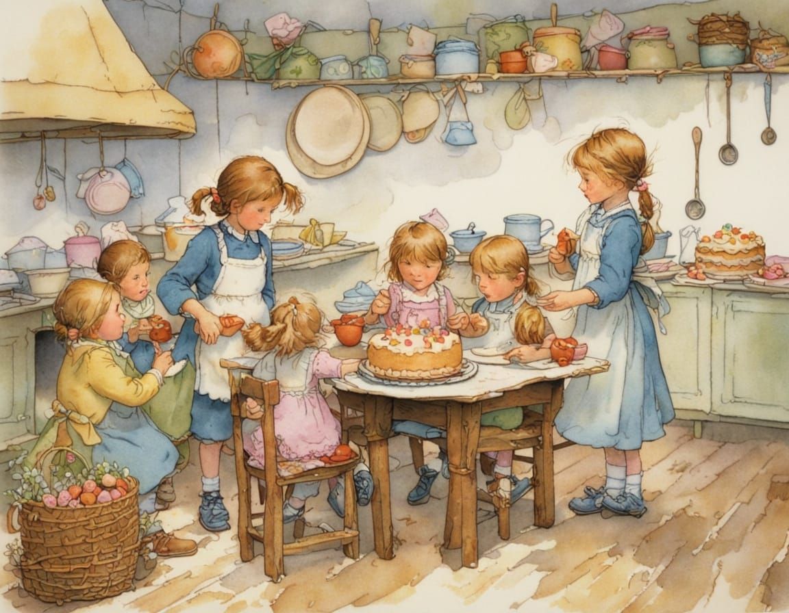 Whimsical Children Celebrate Homemade Cake in a Playful Kitc...