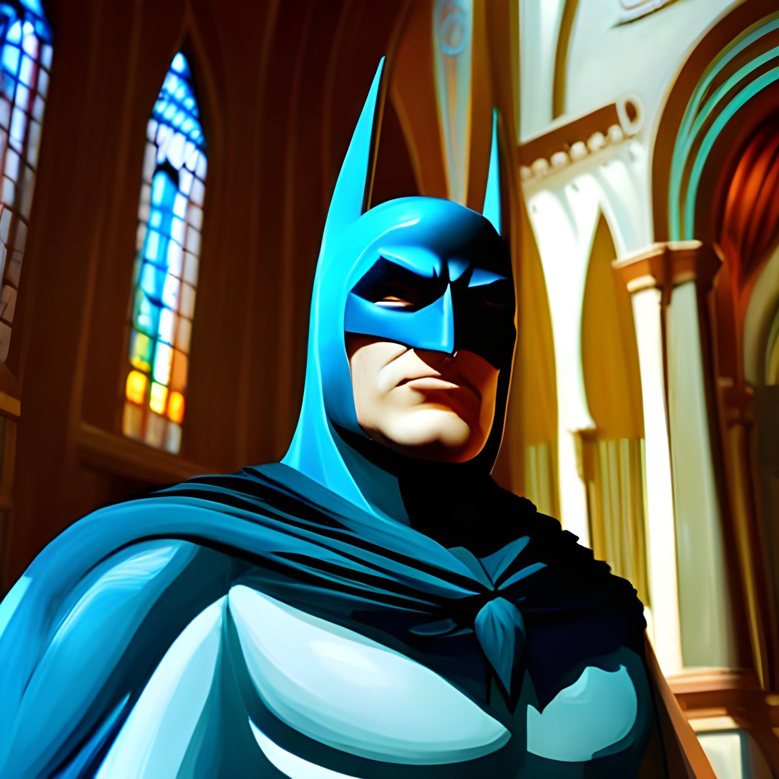 Batman at Church: Detailed Oil Painting in Sunlight