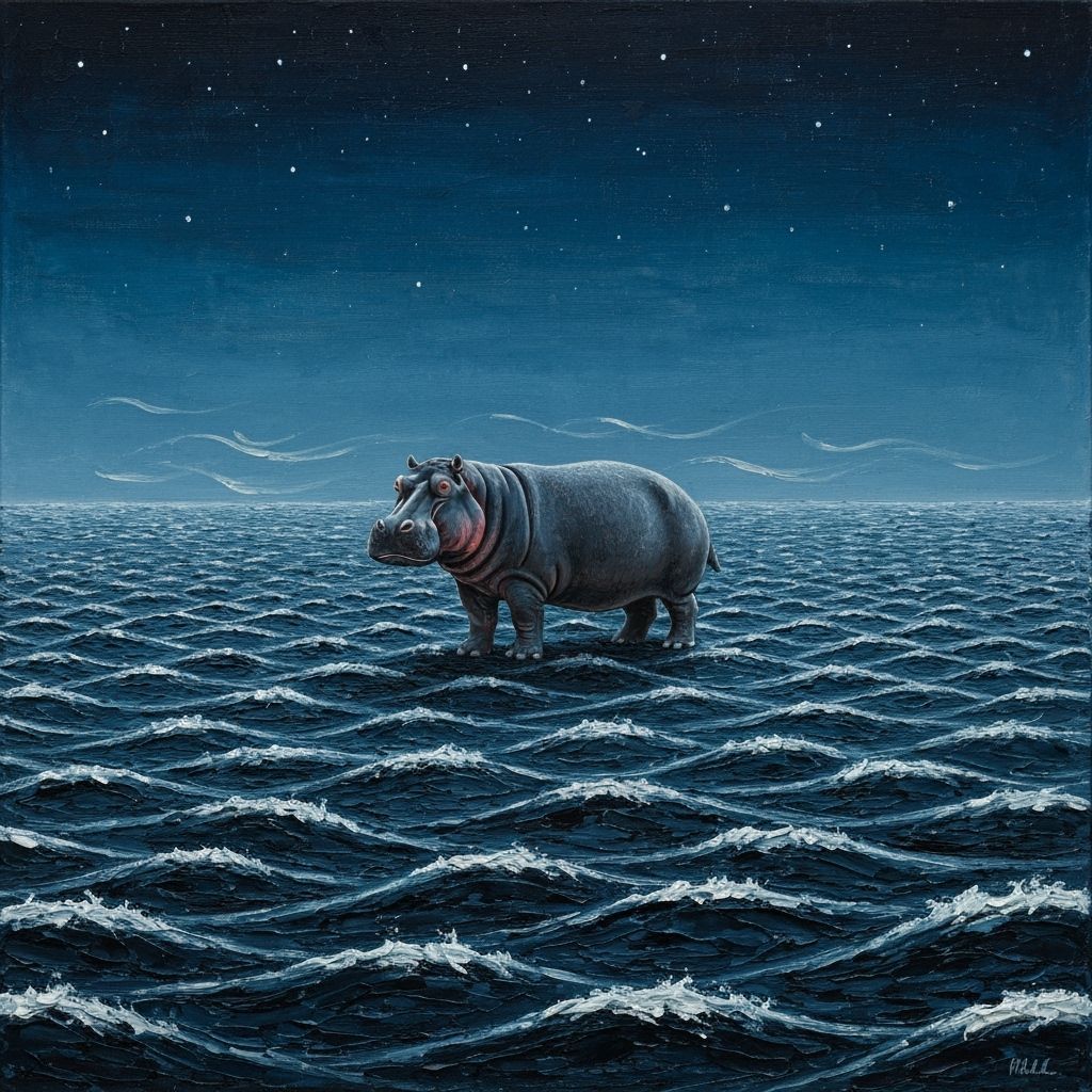 Hippopotamus at Night in Nile Landscape with Starry Sky