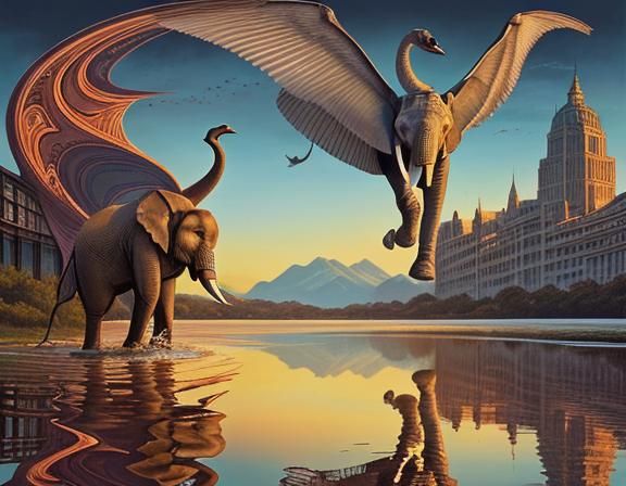 Elephant and Swan Reflection in Comic Book Style