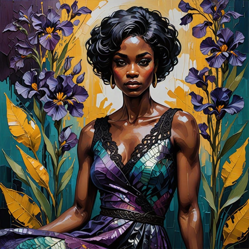 Noir Woman Adorned with Iridescent Iris Blooms