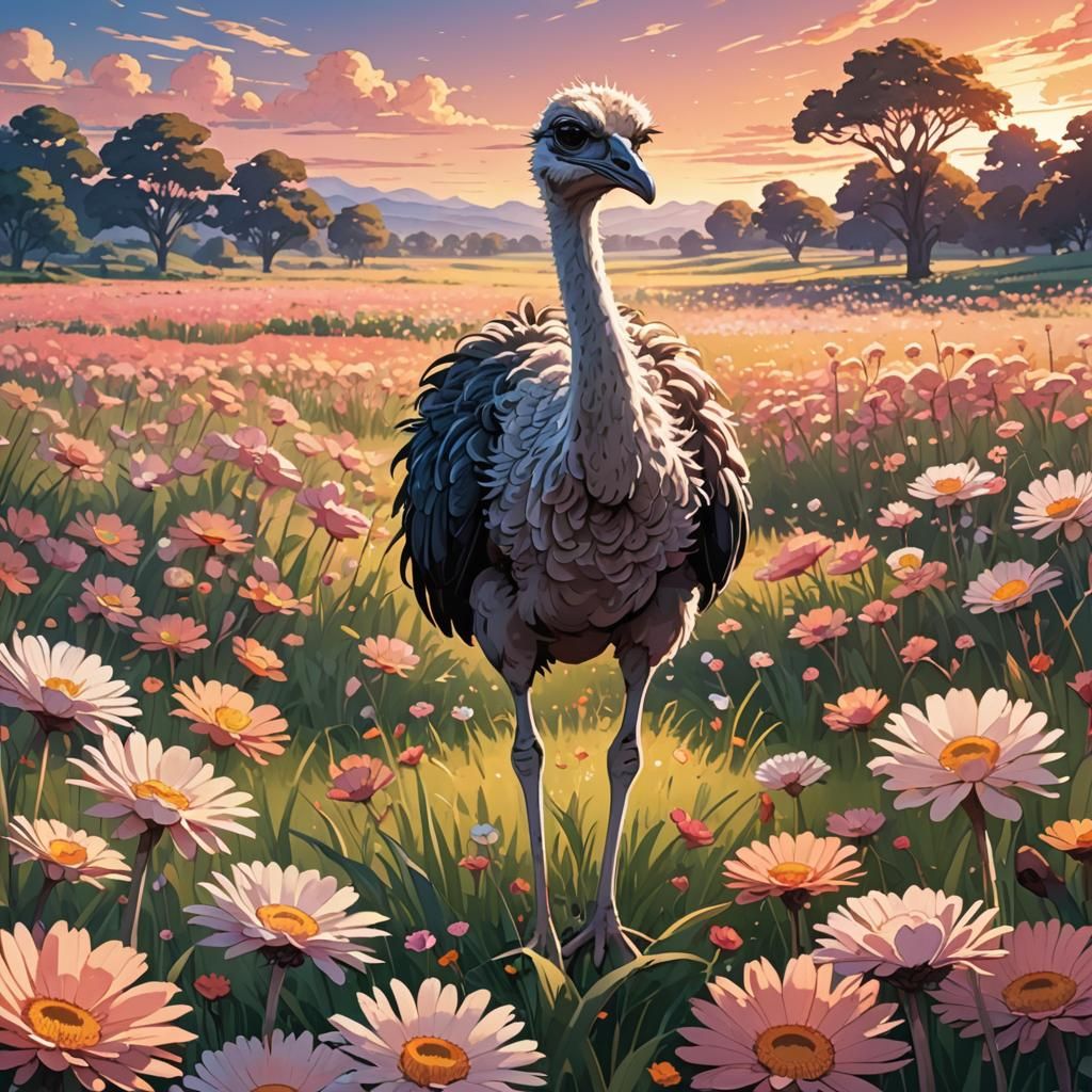 Ostrich in Sunrise Flower Field: Anime Illustration