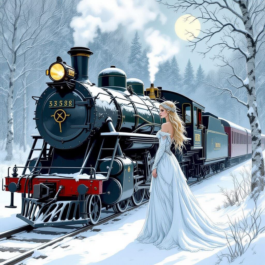 Dryad Beside Frosty Train in Moonlit Forest