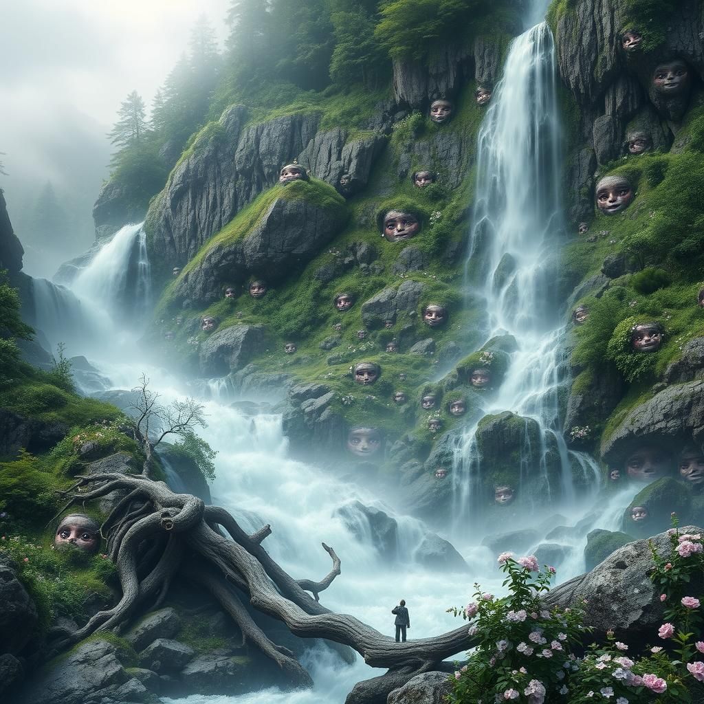 a mountainous waterfall with eyes, faces with flowers are hi...