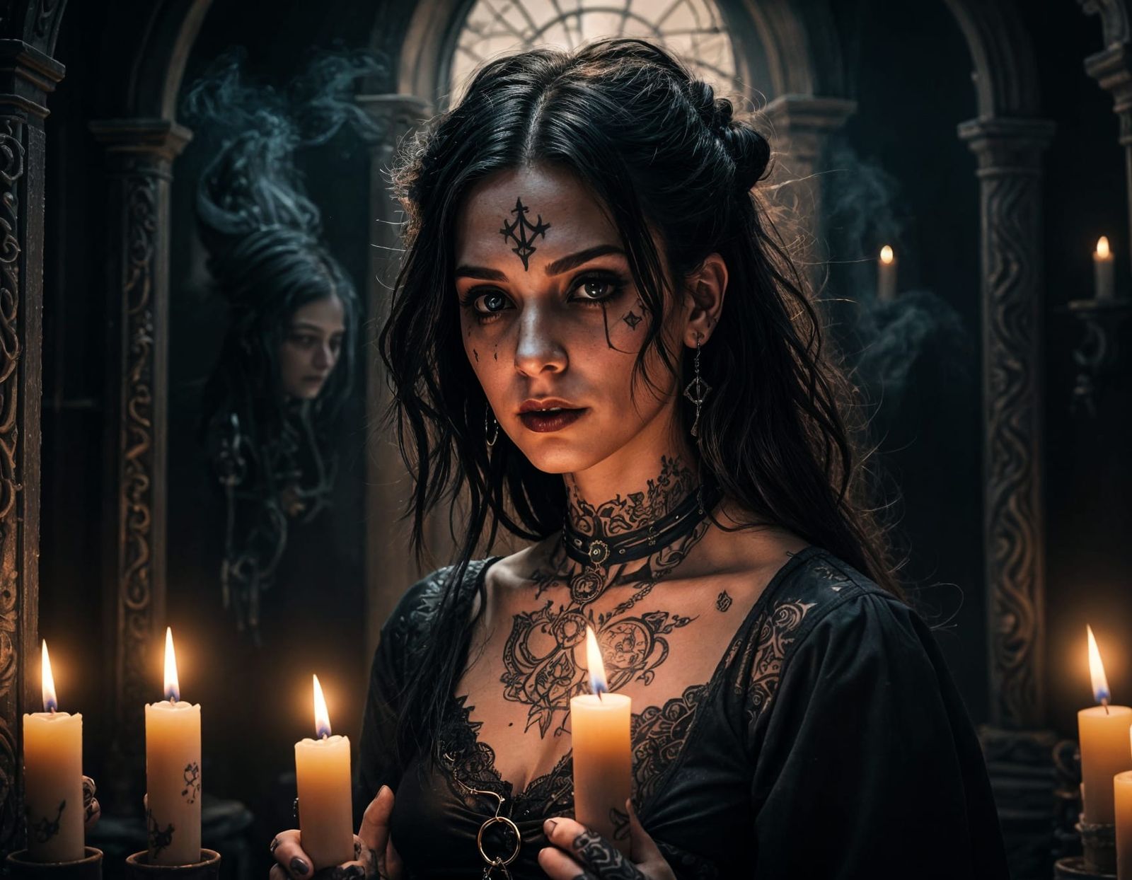 Dynamic Goth Witch Portrait with Tattoos