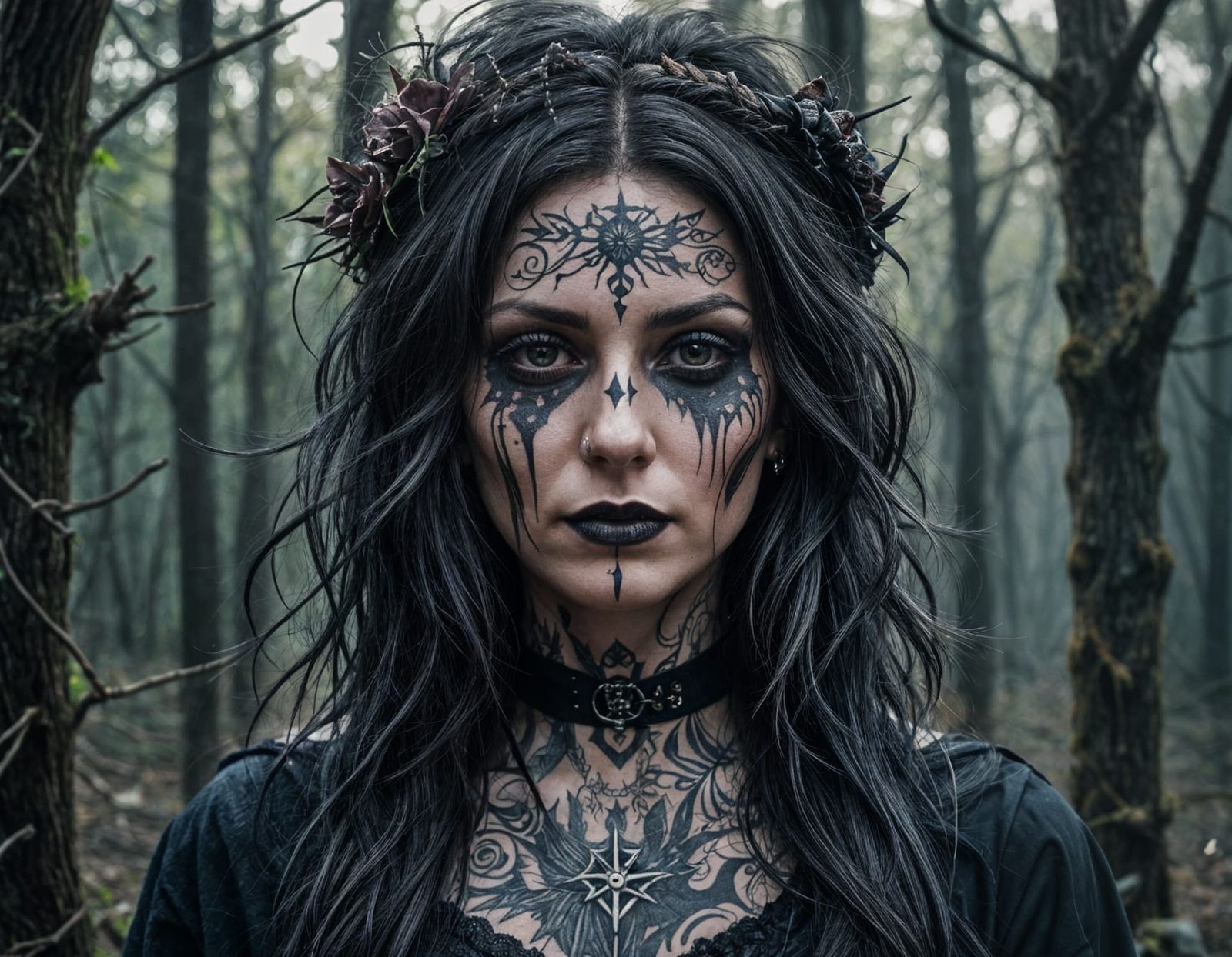 Dynamic Goth Witch Portrait with Tattoos