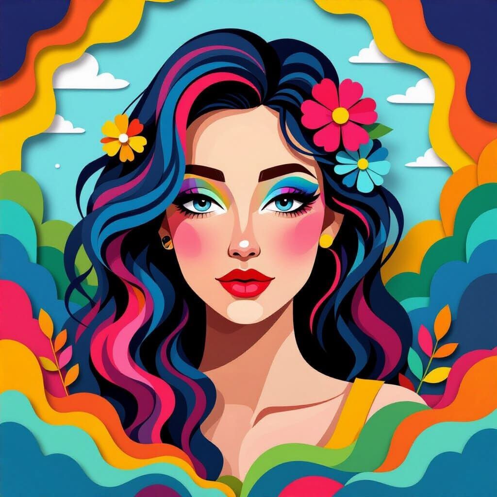 Vibrant Female Portrait with Surreal Layered Paper Art