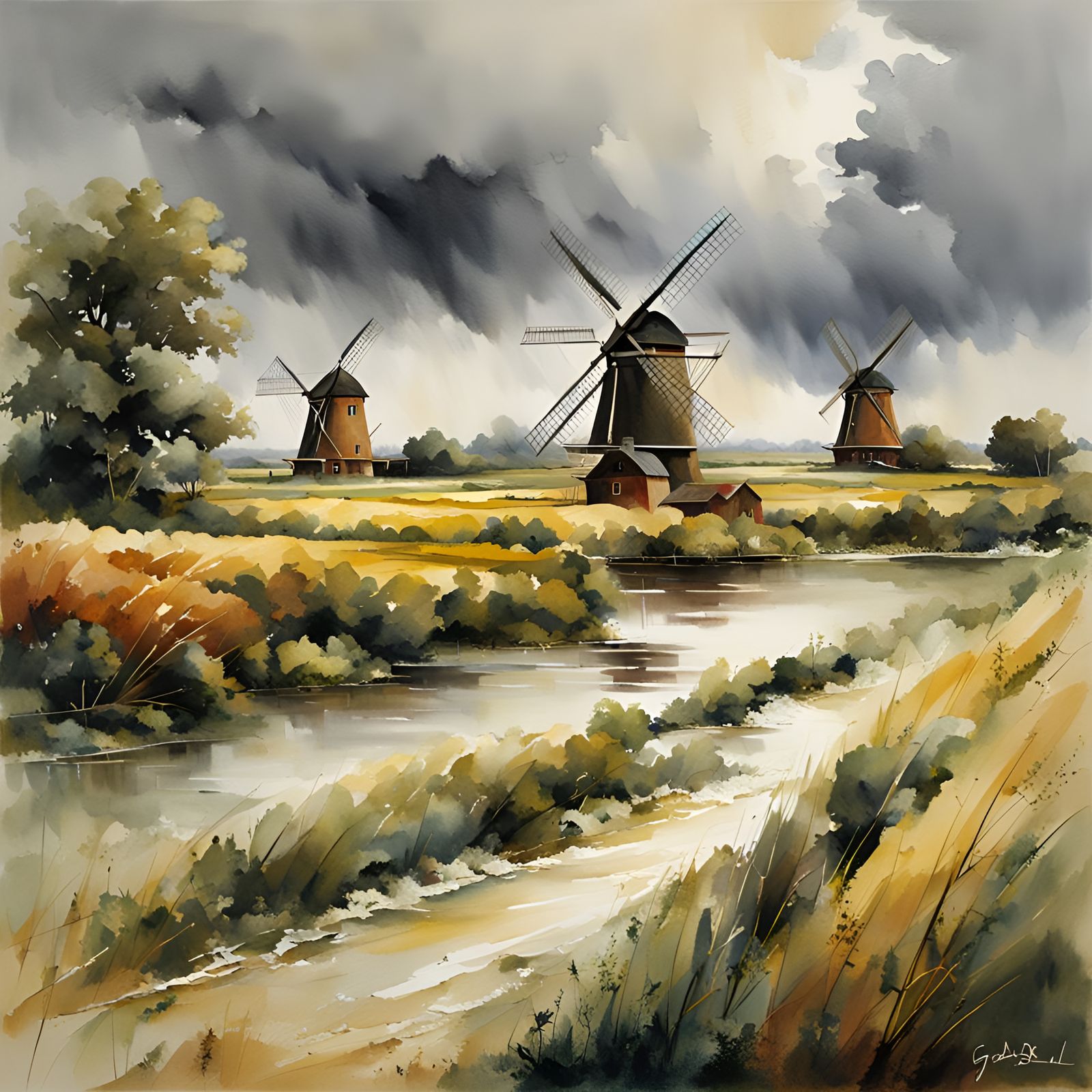 Dutch Windmills in Storm, Watercolor Landscape