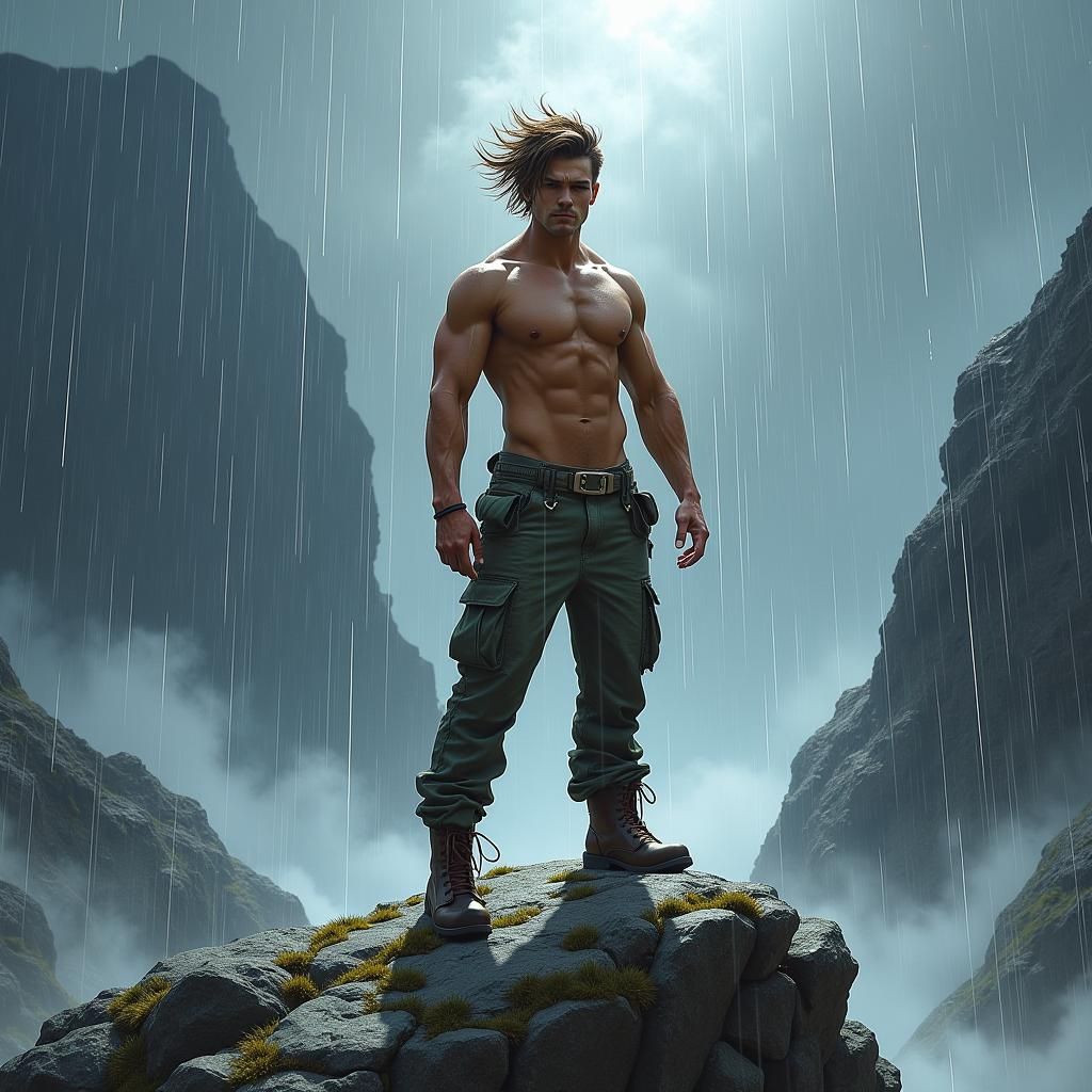 Man in Storm on Mountain, Futuristic Concept Art