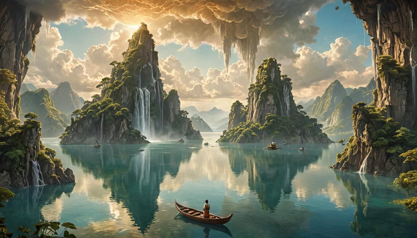 "A surreal landscape where the sky is filled with floating i...