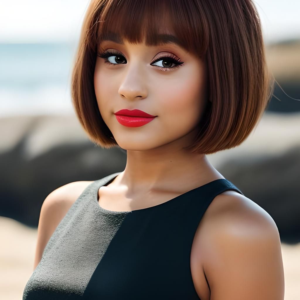 Woman with Brown Bob at the Beach: Professional Photo