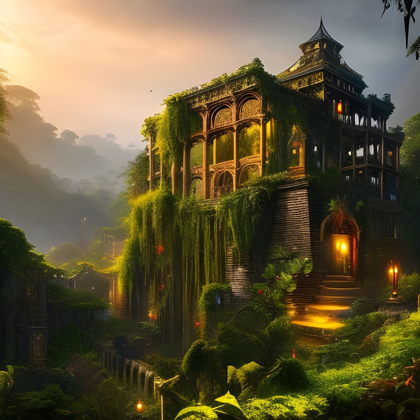 Lush Jungle Castle Ruins: Detailed Matte Painting