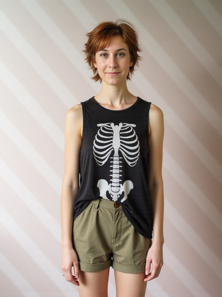 Girl in Ribcage Top Against Abstract Backdrop