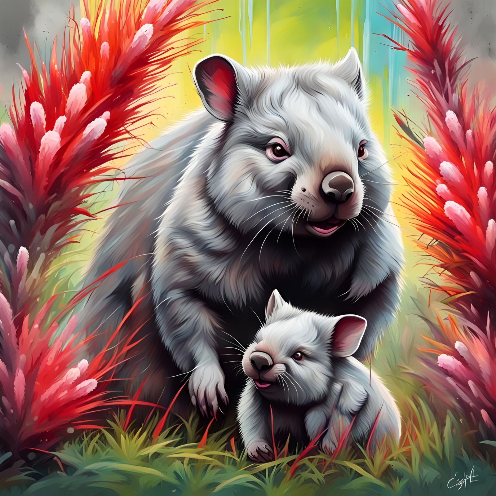 Wombat and Baby in Graffiti Street Art Style