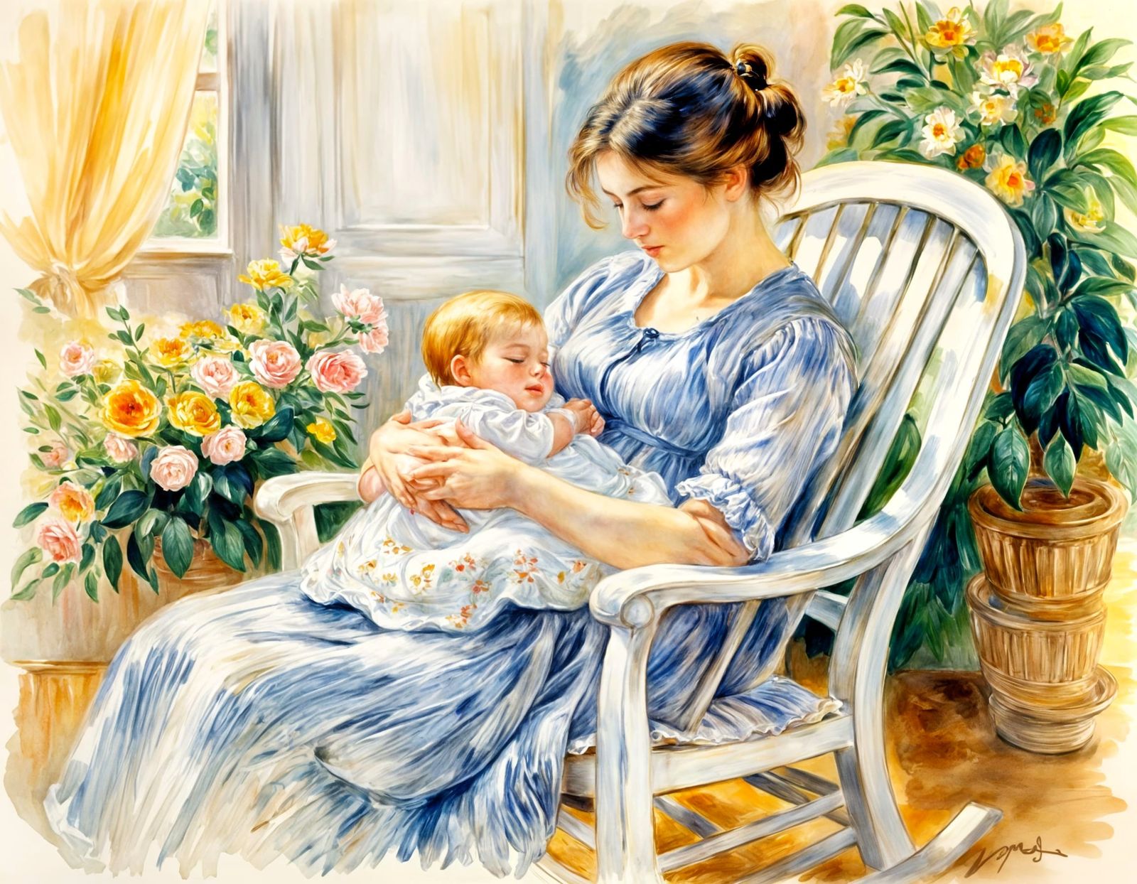 Tender Mother and Child Portrait in Impressionist Style