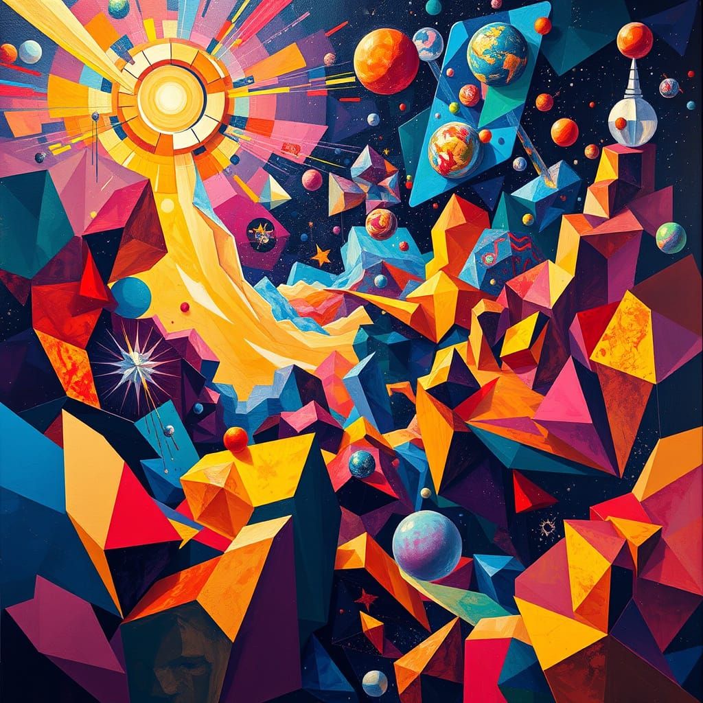 Cosmic Cubist Dreamscape in Vibrant Art Deco Style