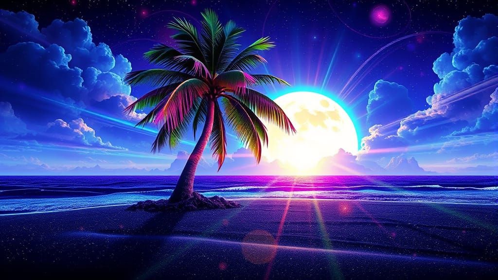 Neon Palm on Black Sand Beach in Digital Art Style