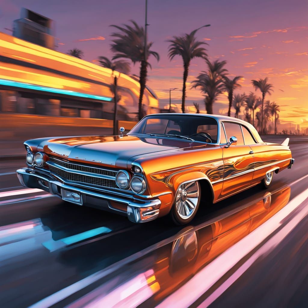 Retro-Futuristic Lowrider Cruises Sunset Highway