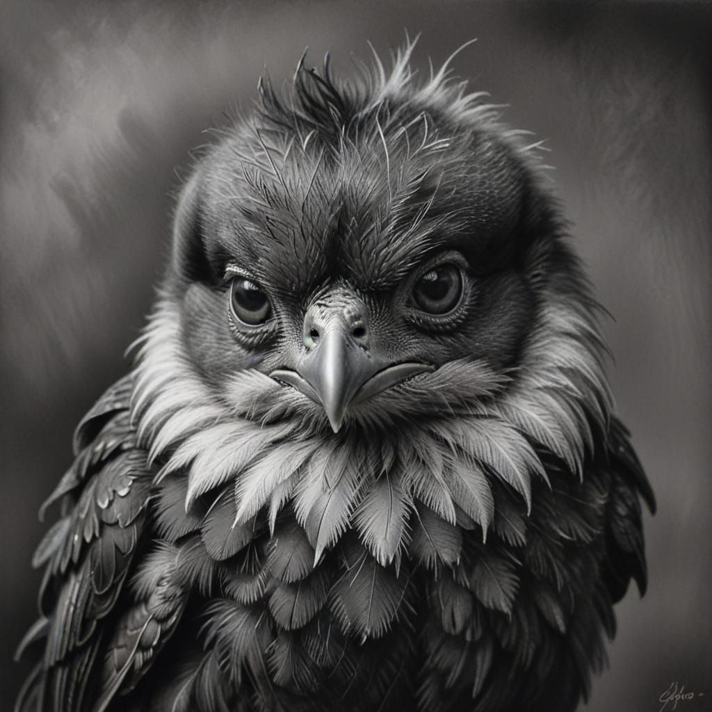 Hyperdetailed Charcoal Drawing of a Grumpy Chick