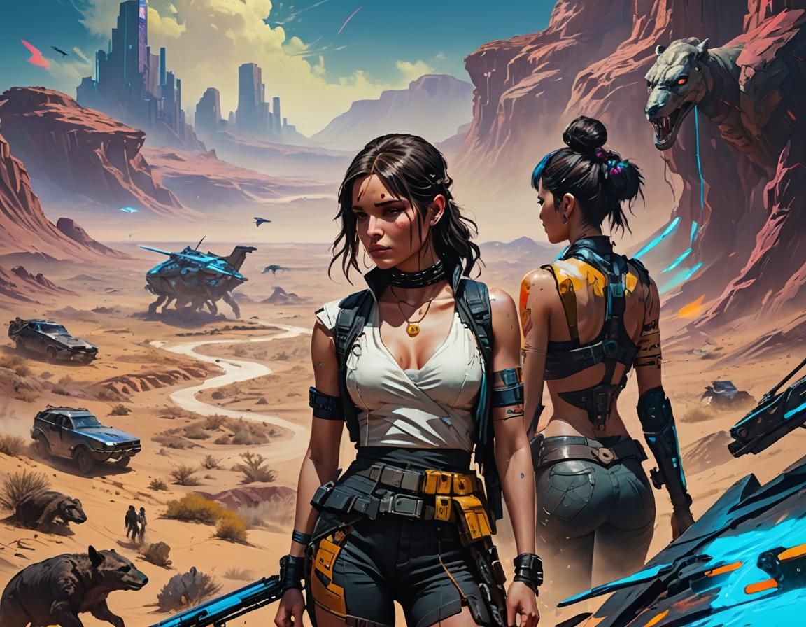 Cyberpunk Woman Creating Art in Desert Landscape