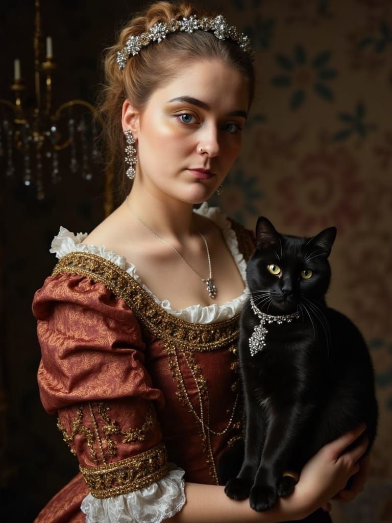 Eleanor of Aquitaine in Regal Baroque Portrait with Feline C...