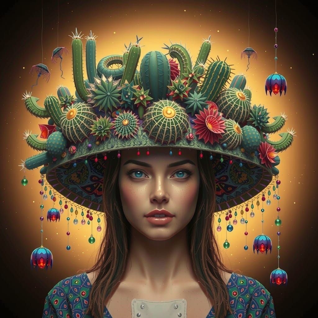 Woman Wears Hat of Kites in Vivid 1970s Print Style