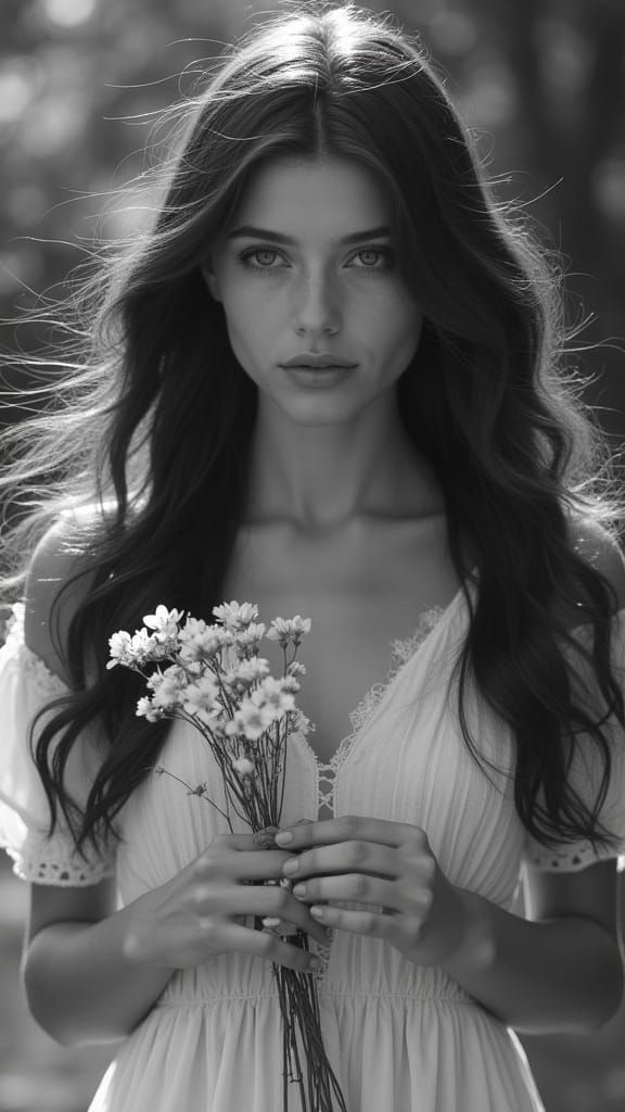 Grayscale Portrait of Woman Holding Flowers