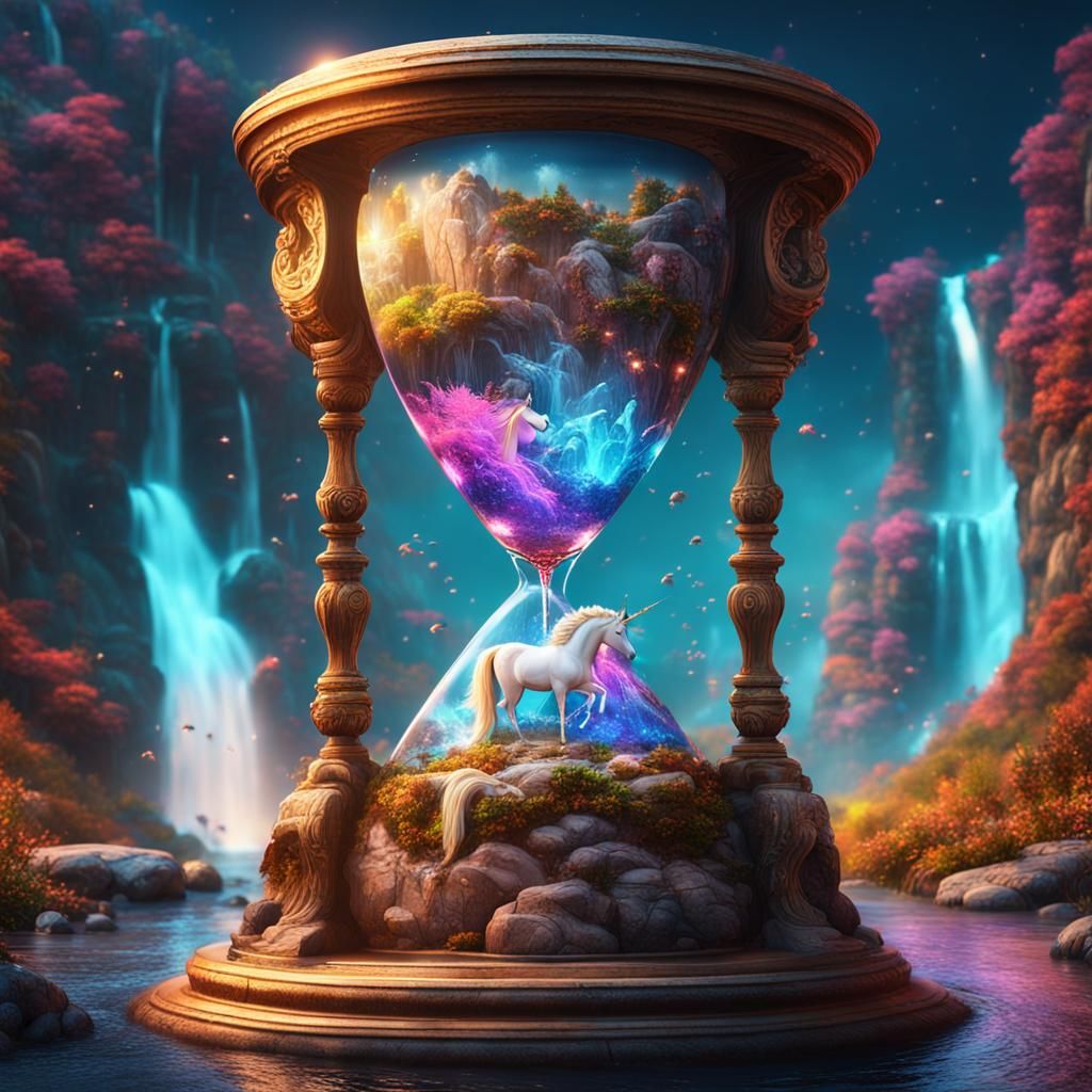 Hourglass with Unicorns and Waterfall in Fantasy Art
