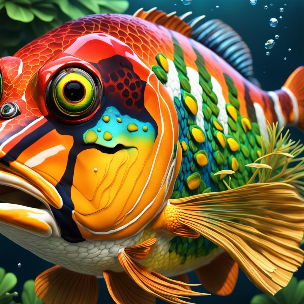 Hyperrealistic 3D Peacock Bass in Clear River