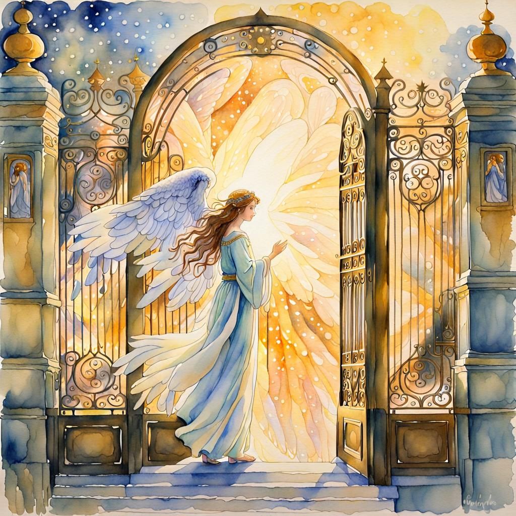 Angel at Heaven's Gate: Watercolor Dreamscape