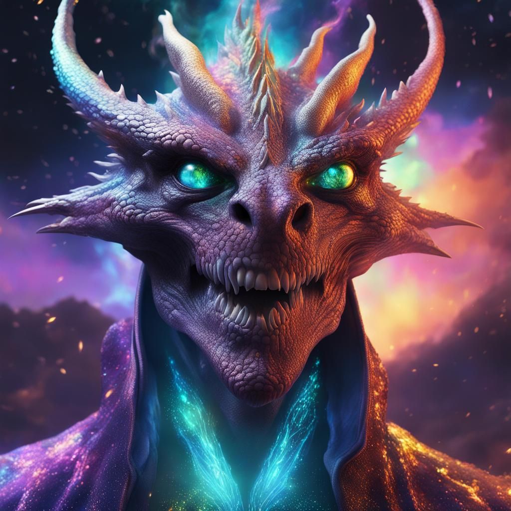 Anthropomorphic Dragon Wizard with Galaxy Sky