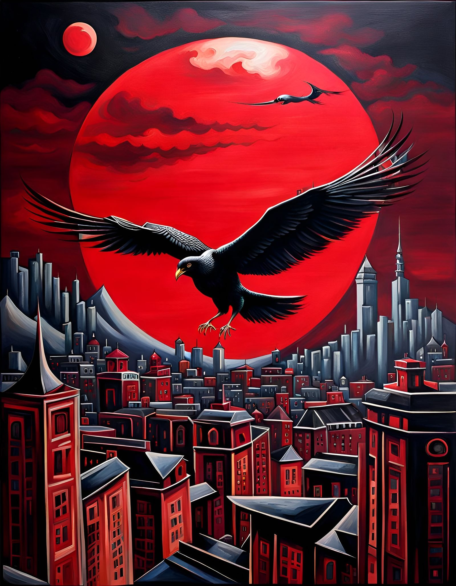 The Red Phoenix is Flying in the Dark Sky above the City