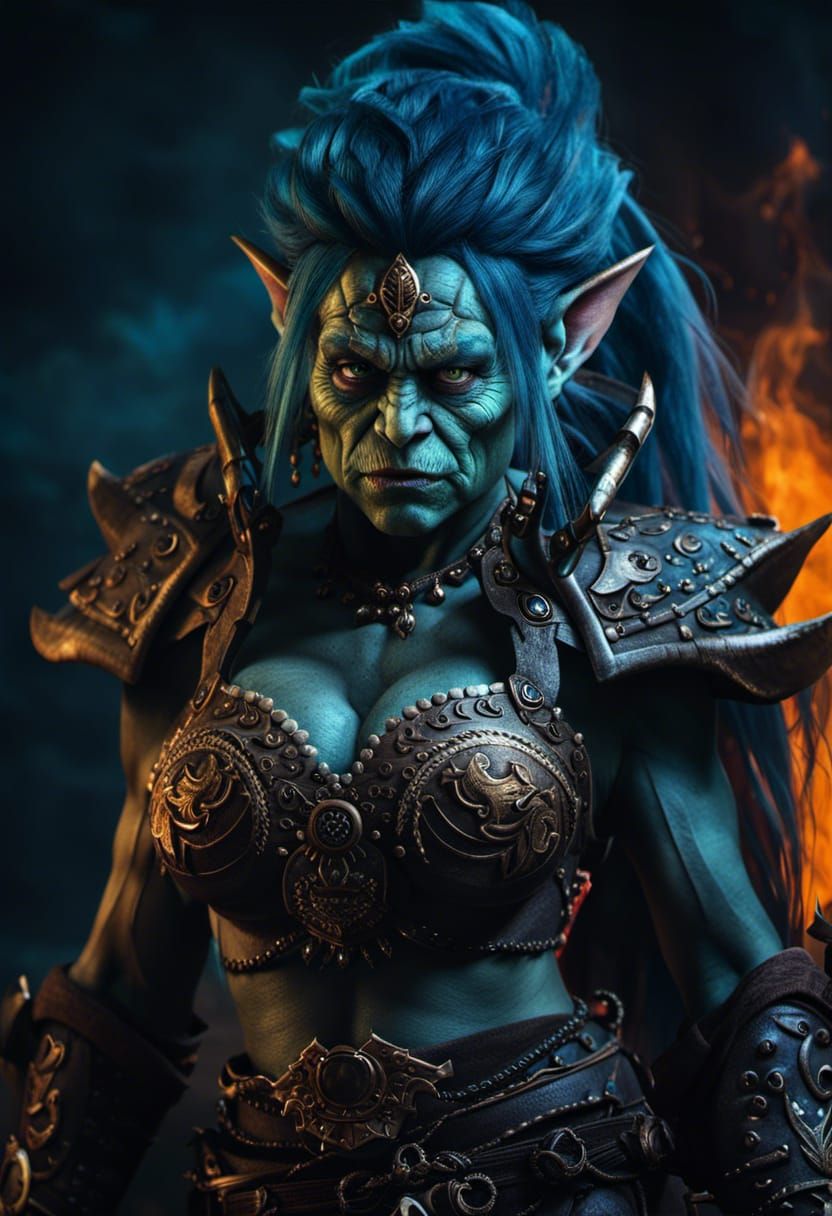 Epic Warlock Troll Woman Portrait in Dark Fantasy