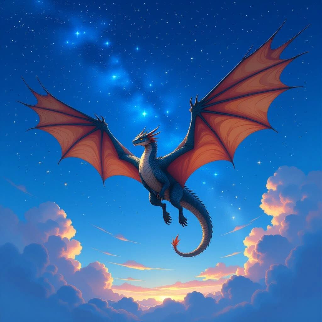 Dragon Soaring Through Starry Night Sky