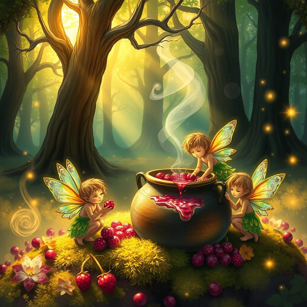 A group of pixies brewing a jam out of magical berries