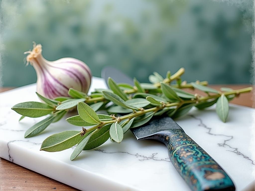 Sage and Garlic Still Life in Watercolor Style