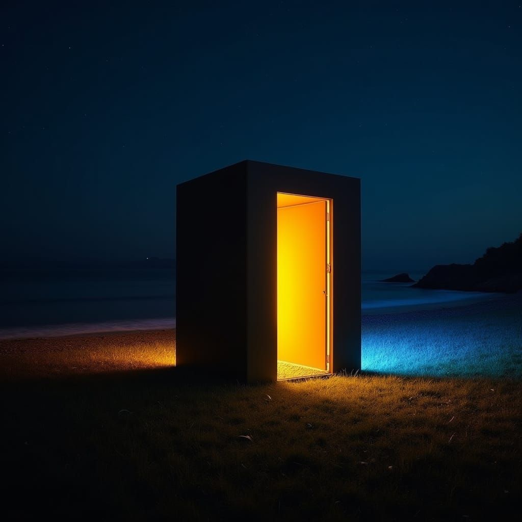 Mysterious Black Box Radiates Ethereal Glow on Tranquil Shor...
