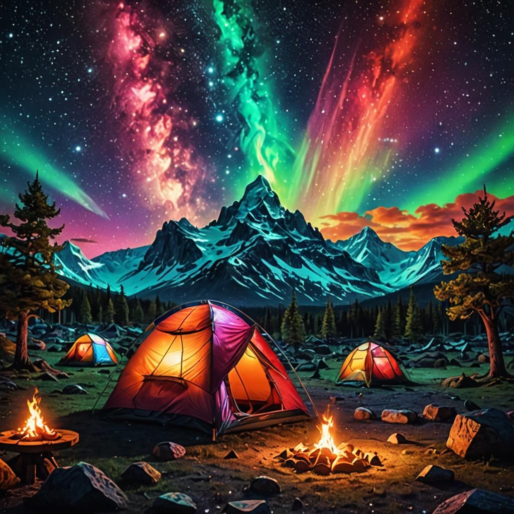 Sparkling Cosmic Campsite Under Aurora Sky